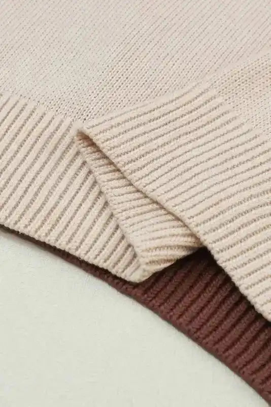 Hem detail of Colorblock Bishop Sleeve Sweater - Women's Sweaters at FashionFitz showing ribbed beige and brown knit layers.