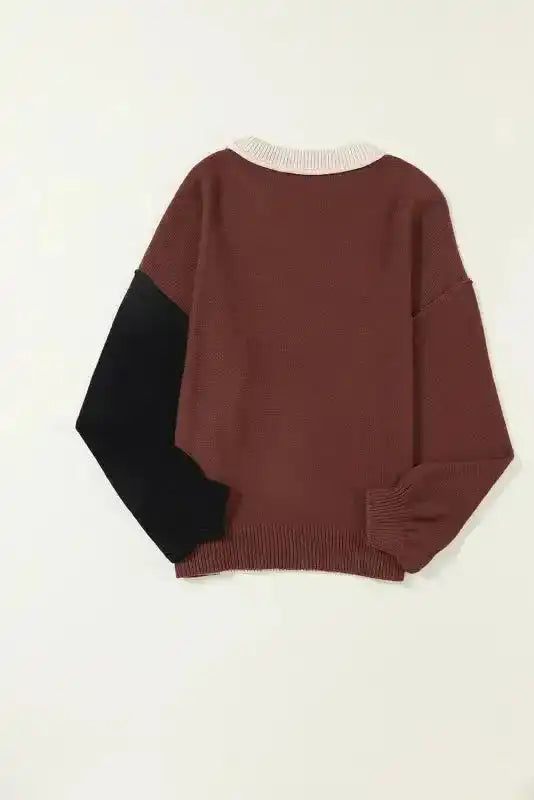 Back flat view of Colorblock Bishop Sleeve Sweater - Women's Sweaters at FashionFitz highlighting solid brown back and black sleeve contrast.