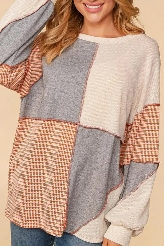 Colorblock oversized knit top - red sandalwood exposed seam - multicolor / l / 85% polyester + 15% elastane - long