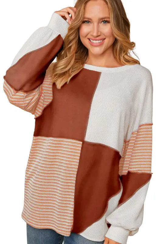 Colorblock oversized knit top - red sandalwood exposed seam - long sleeve tops