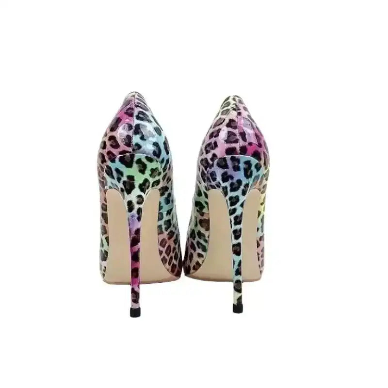 Back view of FashionFitz Vivid Leopard Stilettos showing slim high heels and multicolour leopard print, ideal for weddings or office wear.