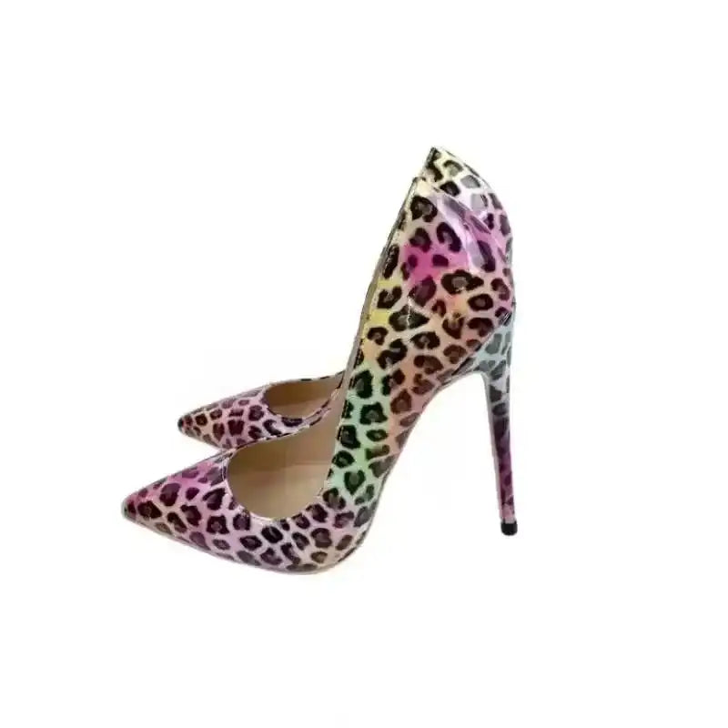 Side view of FashionFitz Vivid Leopard Stilettos – Multicolour Court Heels featuring sleek stiletto heel and vibrant leopard pattern.