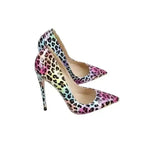 Angled view of FashionFitz Vivid Leopard Stilettos – Multicolour Court Heels with pointed toe and high stiletto heel for bold fashion looks.
