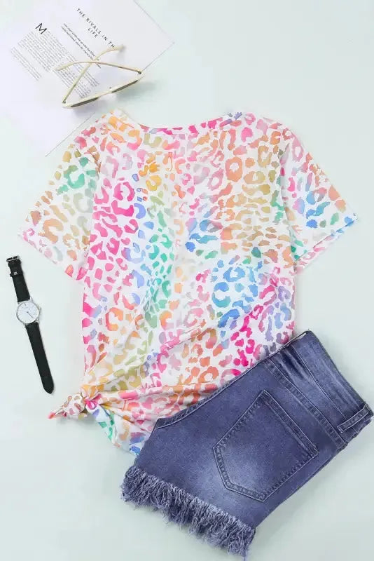 Colorful Leopard V Neck Short Sleeve Top - Fashionfitz