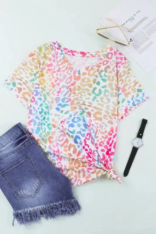 Colorful Leopard V Neck Short Sleeve Top - Fashionfitz