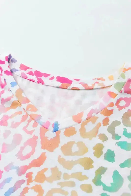 Colorful Leopard V Neck Short Sleeve Top - Fashionfitz