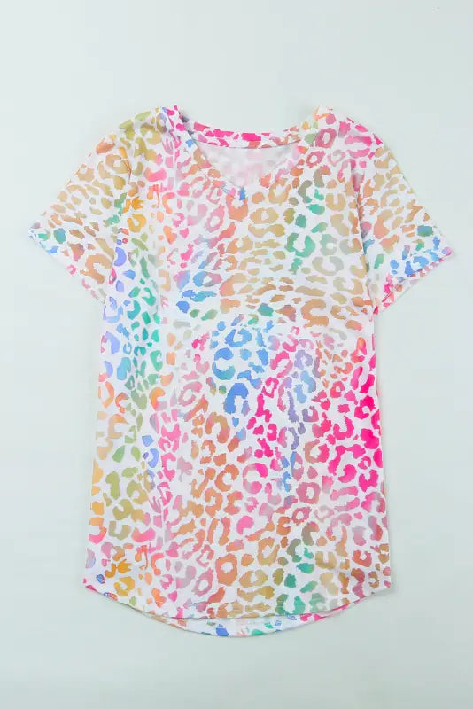 Colorful leopard v neck short sleeve top - t-shirts