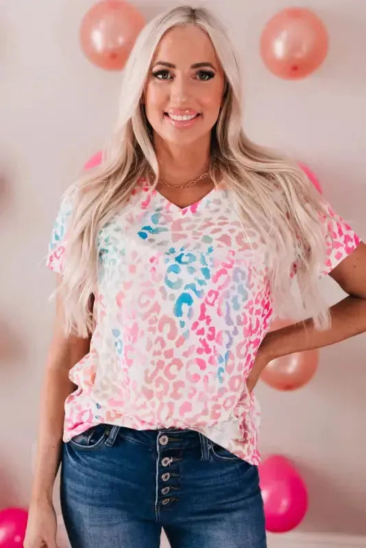 Colorful Leopard V Neck Short Sleeve Top - Fashionfitz
