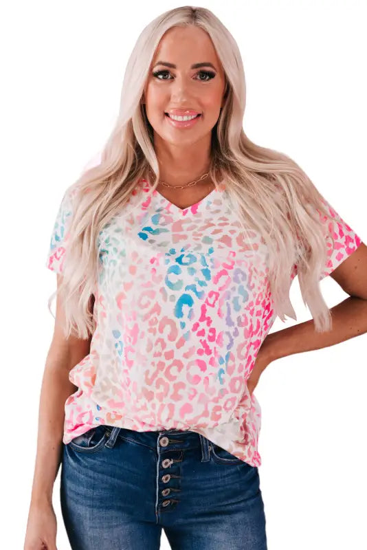 Colorful leopard v neck short sleeve top - t-shirts