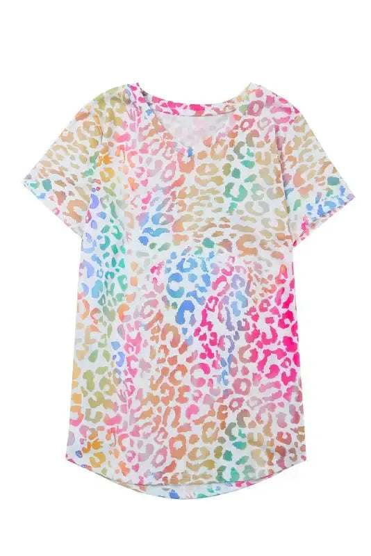 Colorful Leopard V Neck Short Sleeve Top - Fashionfitz