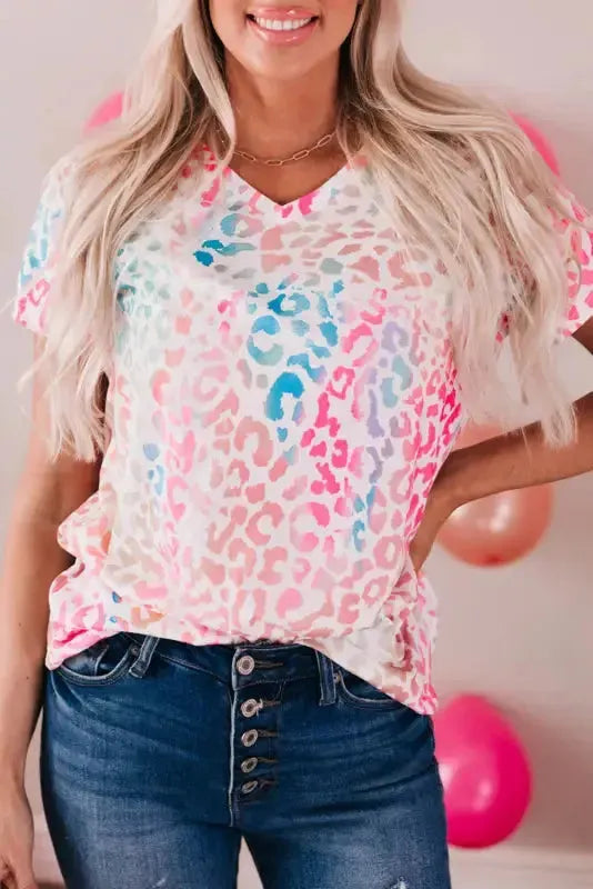 Colorful Leopard V Neck Short Sleeve Top - Fashionfitz