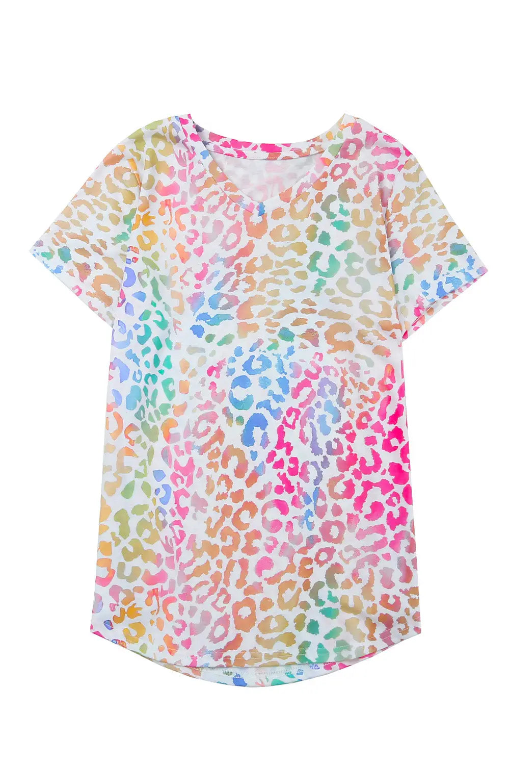 Colorful leopard v neck short sleeve top - t-shirts