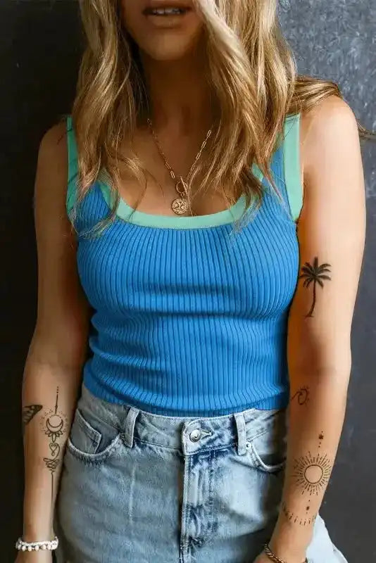 Contrast Edge Ribbed Knit Tank Top - Fashionfitz