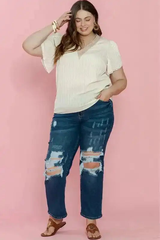 Contrast Guipure Lace Plus Blouse - Beige - Fashionfitz