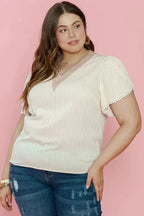 Contrast Guipure Lace Plus Blouse - Beige - Fashionfitz