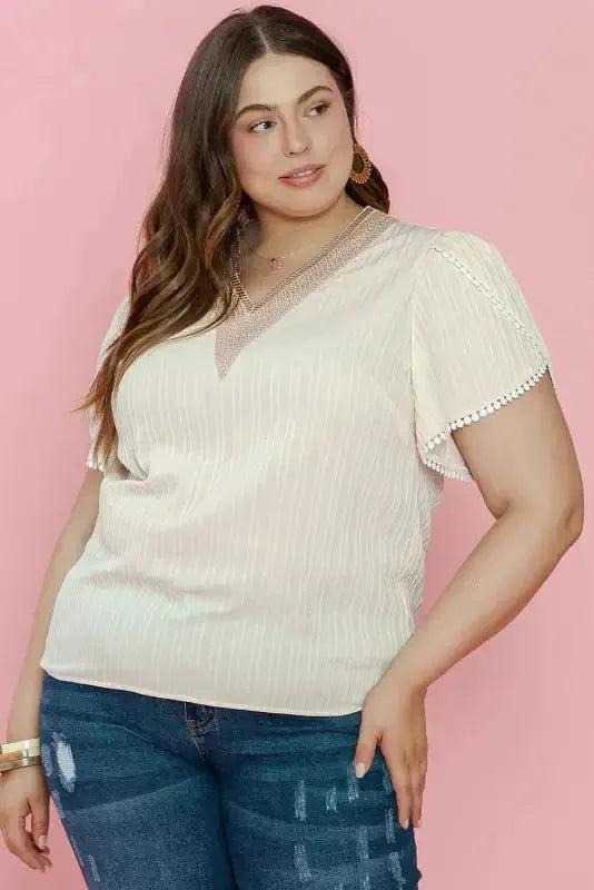 Contrast Guipure Lace Plus Blouse - Beige - Fashionfitz