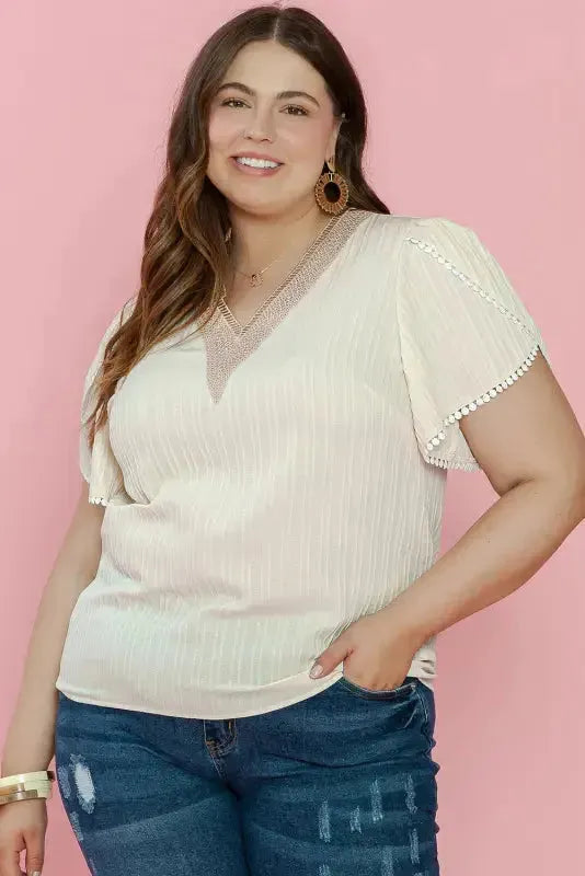 Contrast Guipure Lace Plus Blouse - Beige - Fashionfitz