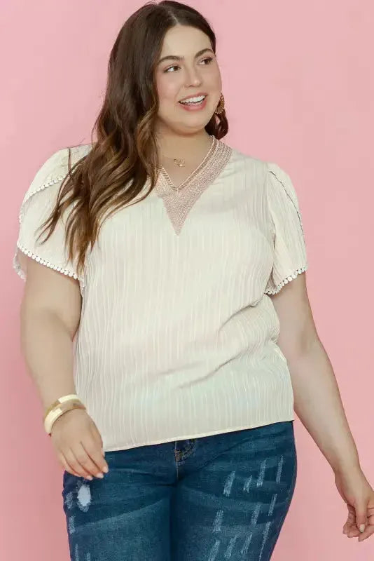 Contrast Guipure Lace Plus Blouse - Beige - Fashionfitz