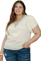 Contrast Guipure Lace Plus Blouse - Beige - Fashionfitz