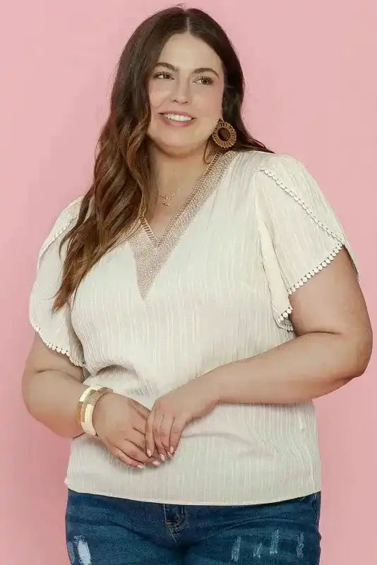 Contrast Guipure Lace Plus Blouse - Beige - Fashionfitz