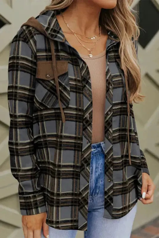 Contrast Hooded Drawstring Plaid Shacket - Fashionfitz
