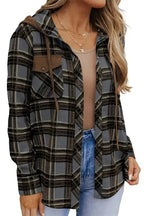 Contrast Hooded Drawstring Plaid Shacket - Fashionfitz