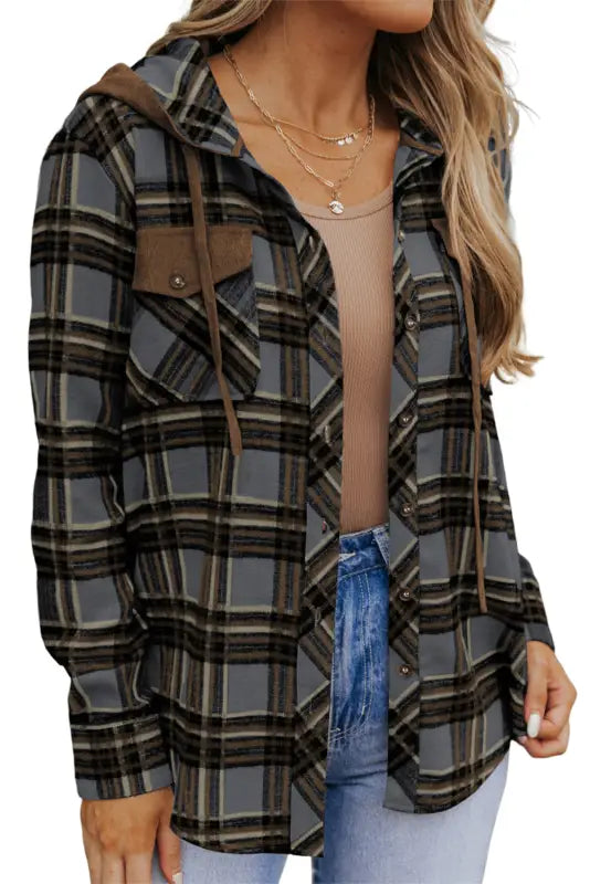 Contrast hooded drawstring plaid shacket - shackets