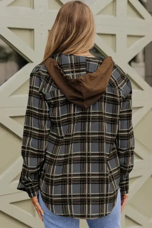 Contrast Hooded Drawstring Plaid Shacket - Fashionfitz