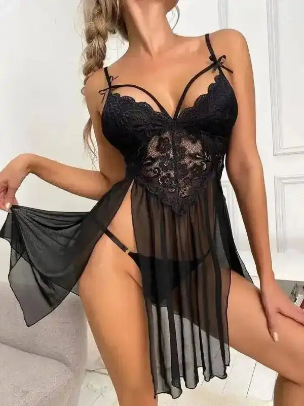 Contrast Lace Harness Mesh Silk Babydoll - Fashionfitz