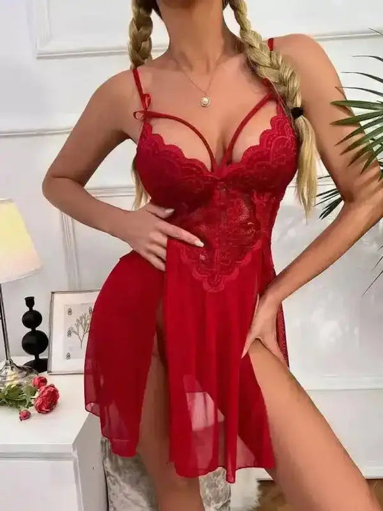 Contrast Lace Harness Mesh Silk Babydoll - Fashionfitz