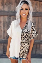 Contrast Leopard Color Block Blouse - Fashionfitz