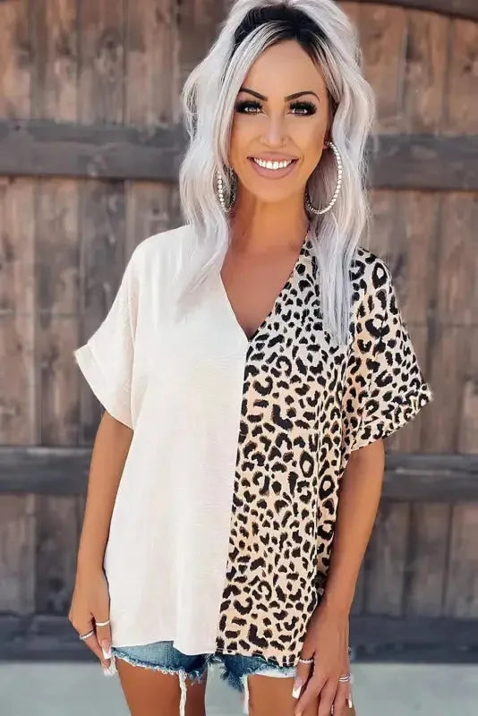 Contrast Leopard Color Block Blouse - Fashionfitz