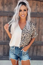 Contrast Leopard Color Block Blouse - Fashionfitz