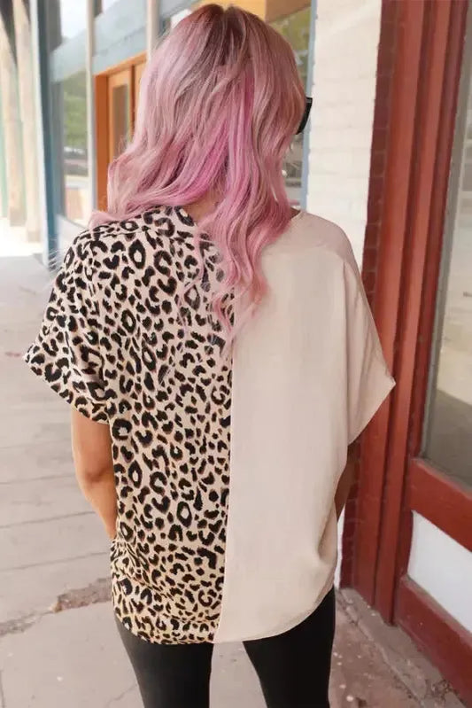Contrast Leopard Color Block Blouse - Fashionfitz