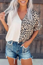Contrast Leopard Color Block Blouse - Fashionfitz