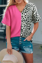Contrast Leopard Color Block Blouse - Fashionfitz