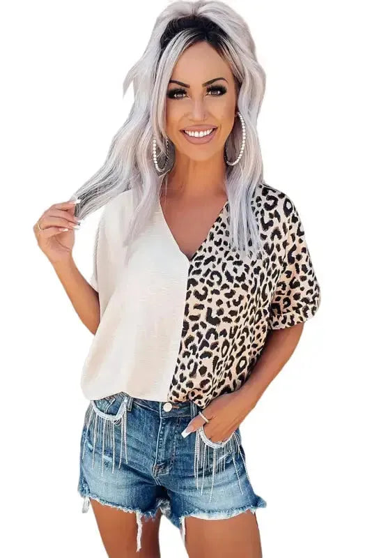 Contrast Leopard Color Block Blouse - Fashionfitz