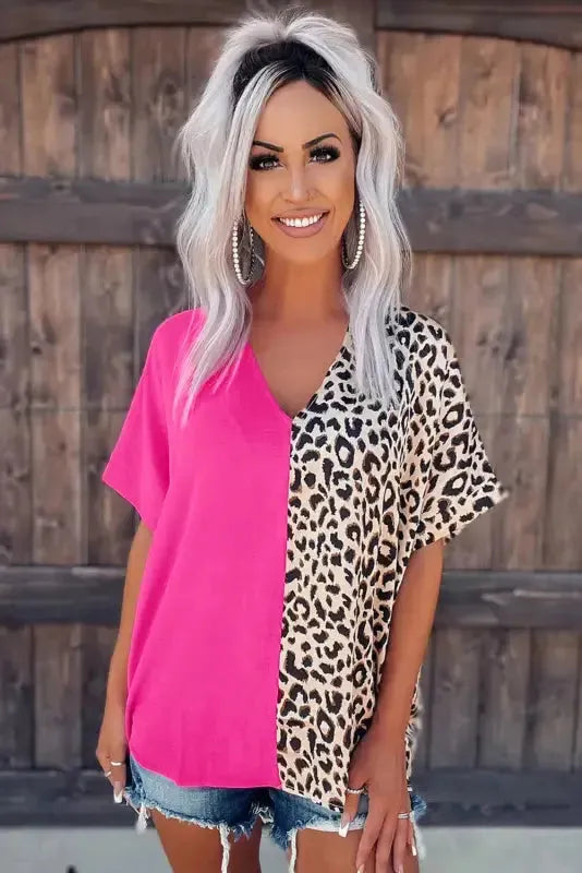 Contrast Leopard Color Block Blouse - Fashionfitz