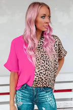 Contrast Leopard Color Block Blouse - Fashionfitz