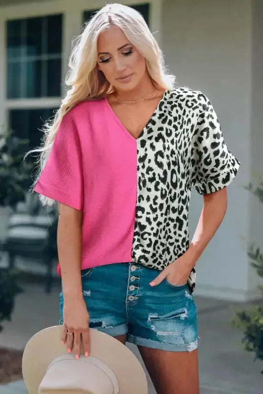 Contrast Leopard Color Block Blouse - Fashionfitz