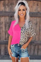 Contrast Leopard Color Block Blouse - Fashionfitz