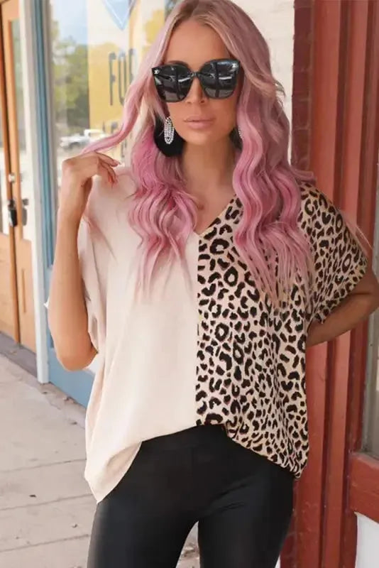 Contrast Leopard Color Block Blouse - Fashionfitz