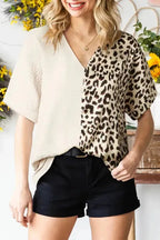 Contrast Leopard Color Block Blouse - Fashionfitz