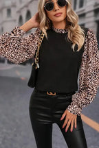 Contrast Leopard Sleeve Blouse - Black - Fashionfitz