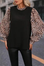 Contrast Leopard Sleeve Blouse - Black - Fashionfitz
