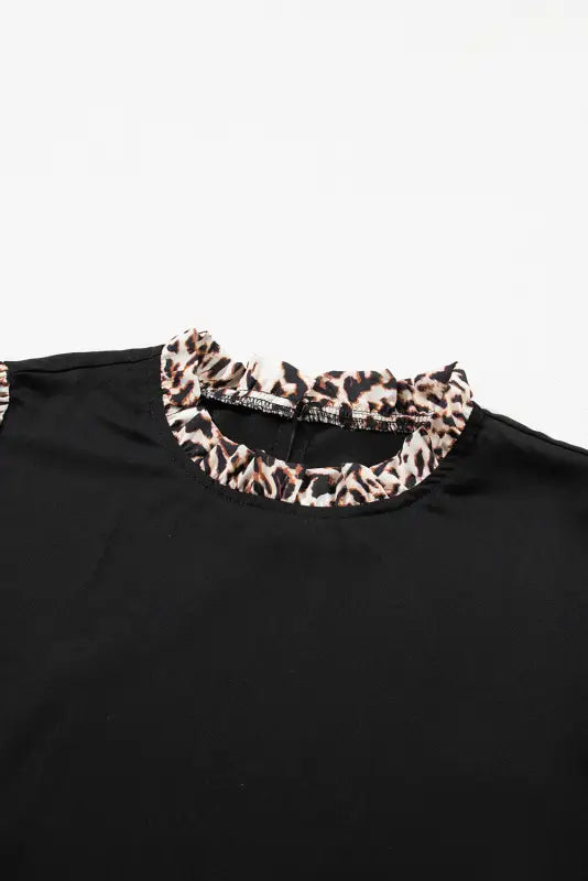 Black contrast leopard print lantern sleeve blouse - tops