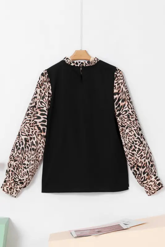 Black contrast leopard print lantern sleeve blouse - tops