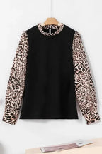 Contrast Leopard Sleeve Blouse - Black - Fashionfitz