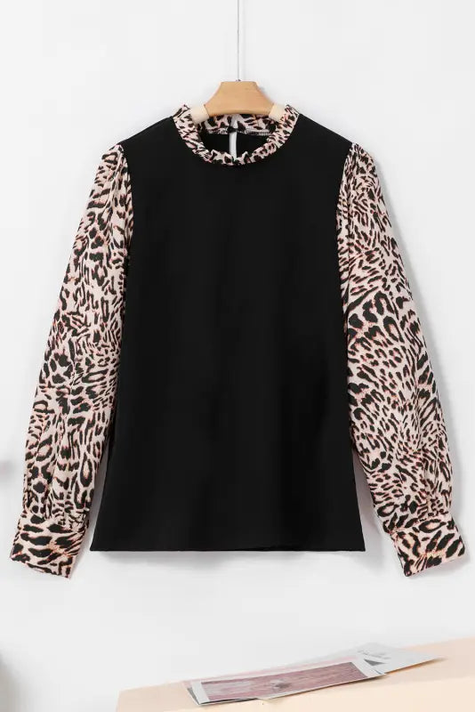 Black contrast leopard print lantern sleeve blouse - tops