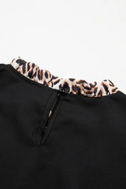 Black contrast leopard print lantern sleeve blouse - tops